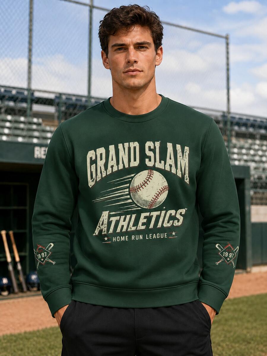 Men's Vintage Baseball Pattern Crew Neck Sweatshirt, GRAND SLAM ATHLETICS Printed Long Sleeve Pullover, Casual Retro Sportswear, Suitable For Daily Wear - Green - View 1