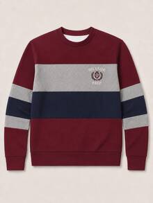 Men's Collegiate Style Rugby Color Block Striped Crew Neck Sweatshirt, HILLSIDE PREP Logo Graphic Long Sleeve Casual Pullover - Multicolor - View 4