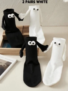 1/2/4/6/12 Pairs 3D Eye Hand-In-Hand Design Socks, Cute Creative, Soft And Breathable, Casual Daily Wear For Couples And Best Friends, Back To School Gift, Women's Socks - Black and White - View 6