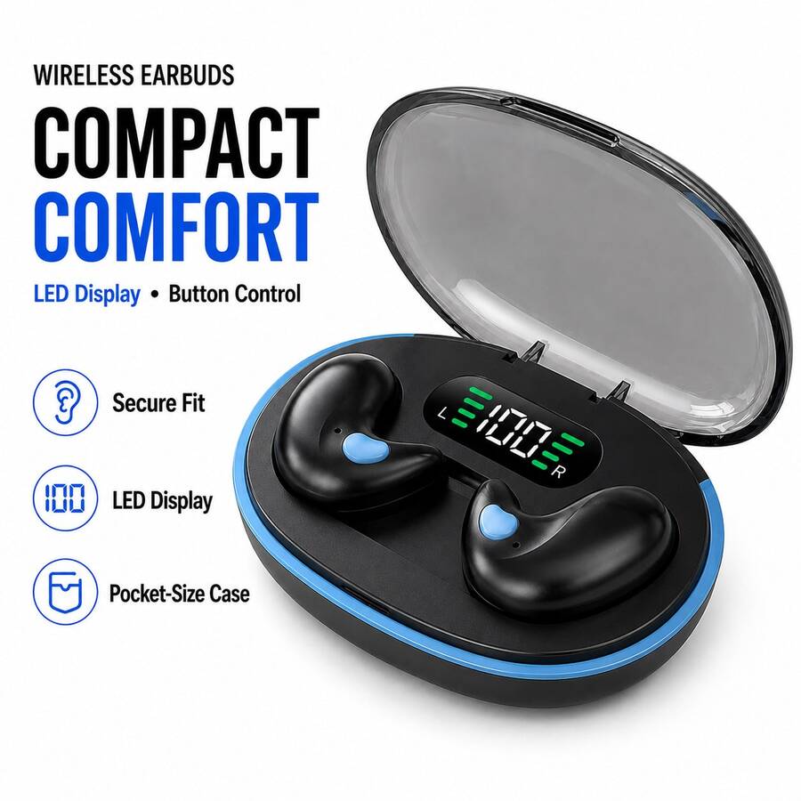Earbud Nirkabel dengan Indikator Baterai LED, Kontrol Tombol, Kotak Pengisian Daya Ringkas, Pas dan Nyaman, Suara Stereo, Cocok untuk Olahraga, Perjalanan, Kerja, dan Acara Lainnya, Unisex, Baterai 150mAh Terintegrasi