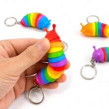 1pc Random Color Rainbow Caterpillar Keychain, Flexible Segmented Silicone Worm Pendant, Suitable For Keys, Backpacks, Handbags, Zipper Decoration And Daily Accessories - Multicolor - View 5