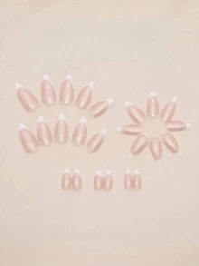 24pcs Almond Shaped Full Cover Press-On Nails For Women, Light Pink To White Gradient French Tips, With 1 Nail File And 1 Jelly Glue - Apricot - View 3