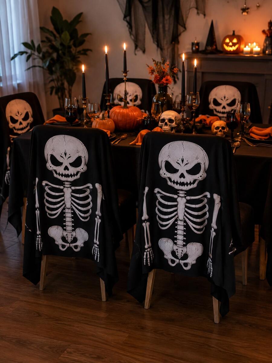 Halloween Skeleton Chair Decor Cover, Black Ghost Face Skeleton Print Dining Chair Back Cover, Gothic Horror Style Party Supplies, Suitable For Halloween Dinner, Haunted House Decoration, Family Gathering, Photo Backdrop And Indoor Holiday Decor - Black - View 1