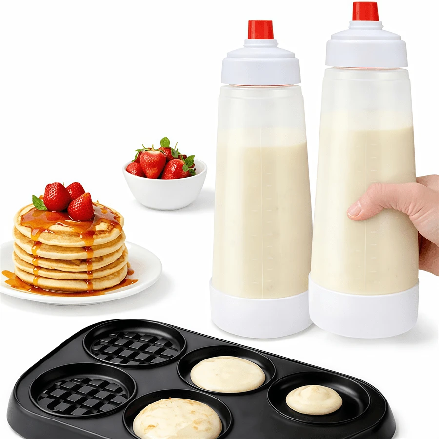 2-Piece Batter Dispensing Bottles With Scale, Hand-Crank Mixing Pancake Bottles, Durable Material, Anti-Drip Outlet, Suitable For Pancakes, Waffles, Crepes, Dessert Baking. Can Hold Different Batter And Sauces, Easy To Disassemble And Clean, Dishwasher , Large Capacity Design, Ideal For Home Baking And Family Breakfast, Efficient And Convenient To Reduce Kitchen Mess.
