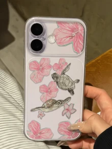 1件透明木槿粉花海龜極簡全包覆TPU防震手機殼，適用於 17、16、15、14、13、12、11 Pro Max、Air - 彩色 - 查看 1