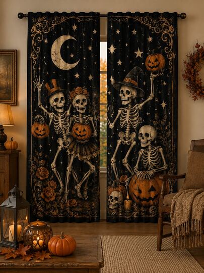 2pcs Gothic Halloween Curtain Set With Dancing Skeletons, Jack-O'-Lanterns, Crescent Moon, Roses And Stars, Vintage Rod Pocket Window Drapes For Living Room, Bedroom Decor, Haunted House Party, Halloween Decor And Home Decor