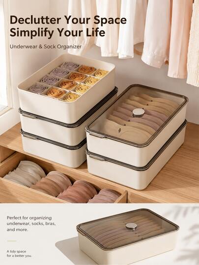 1pc White Multi-Compartment Underwear Storage Box With Transparent Dust-Proof Lid, Stackable Drawer-Style Organizer For Bras, Panties, Underwear, Socks And Tights, Space-Saving Closet Storage For Bedroom, Apartment And Dorm