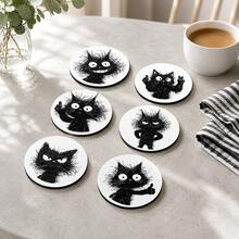 6pcs, Cat Pattern Printed Diatomaceous Earth Coasters, Absorbent Beverage Coasters, Coffee Cup Coasters, Mug Coasters, Tea Cup Coasters, Desk Protection Pads, Suitable For Dining Table, Coffee Table, Bar Counter And Office Desk Decoration - Multicolor - View 5