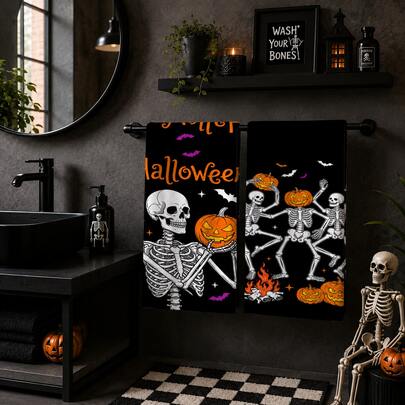 2/4/6pcs Skull Pattern Printed Kitchen Towels, Halloween, Can Be Used As Halloween Gift, Halloween Decoration, Microfiber Soft High Absorbent Tea Towels, Dish Cloth, Cleaning Towels, Hand Towels, Suitable For Cooking, Baking, Wiping Cleaning And Kitchen Decoration, Kitchen Accessories, Daily Essentials