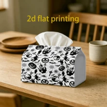 1pc 2D Flat Black & White Halloween Collection Fabric Tissue Box Cover, Castle Witch Pumpkin Bat Spider Double-Sided Print Rectangular Tissue Storage Cover, Durable & Easy To Clean, Living Room Bedroom Vanity Coffee Table Car Holiday Atmosphere Desktop Decor Ornament - Multicolor - View 6