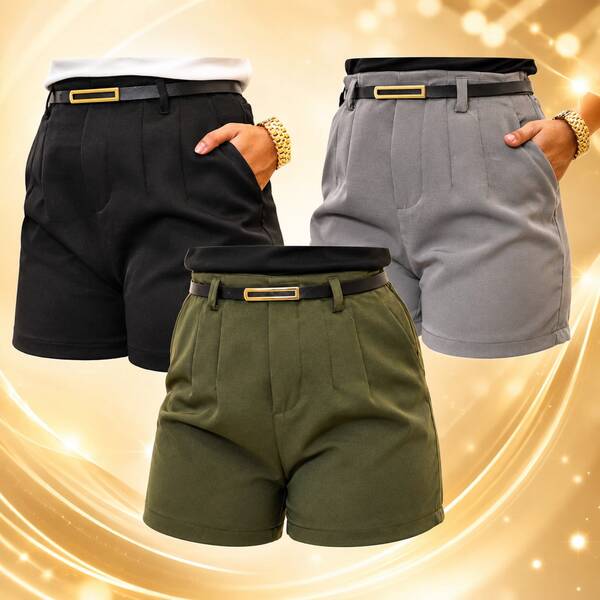 Kit 3 Short Femenino Alfaiataria Ziper e Cinto Elegante