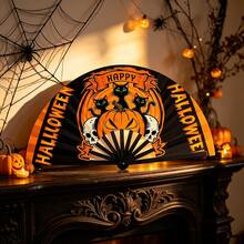 Halloween Themed Handheld Folding Fan, Black Plastic Ribs, Printed With Pumpkin Lantern/Skull/Green-Eyed Black Cat And "HAPPY MEOW-O-WEEN" Pattern, Holiday Accessory, Suitable For Daily Cooling And Holiday Theme Party Use - Multicolor - View 2