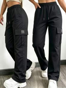 AIbart Women's Casual Low-Stretch Cargo Pants, European And American Style, Multi-Pocket Outdoor Straight-Leg Pants Black - Black - View 1