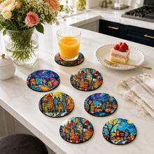 6pcs, Small Town Pattern Printed Diatomaceous Earth Coasters, Absorbent Drink Coasters, Coffee Cup Coasters, Mug Coasters, Tea Cup Coasters, Desktop Protection Pads, Suitable For Dining Table, Coffee Table, Bar Counter And Office Desk Decoration - Multicolor - View 5