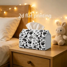 1pc 2D Flat Black & White Halloween Collection Fabric Tissue Box Cover, Castle Witch Pumpkin Bat Spider Double-Sided Print Rectangular Tissue Storage Cover, Durable & Easy To Clean, Living Room Bedroom Vanity Coffee Table Car Holiday Atmosphere Desktop Decor Ornament - Multicolor - View 4
