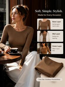 2pcs Women Thermal Underwear Set Seamless Long Sleeve Crew Neck Top & Pants Ultra Thin Warm Solid Color Base Layer, Lightweight Soft Comfortable Loungewear Pajama Outfit Versatile Wear Under Clothes Or As Casual Outerwear For Autumn Winter - Women's Slim Fit Shapewear Base Layer - View 7