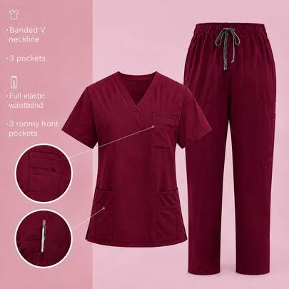 2Pcs Scrub Set, Short Sleeve Multi Pocket Top & Drawstring Straight Leg Pants Healthcare Uniform