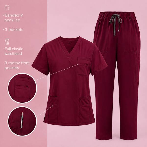 2Pcs Scrub Set, Short Sleeve Multi Pocket Top & Drawstring Straight Leg Pants Healthcare Uniform