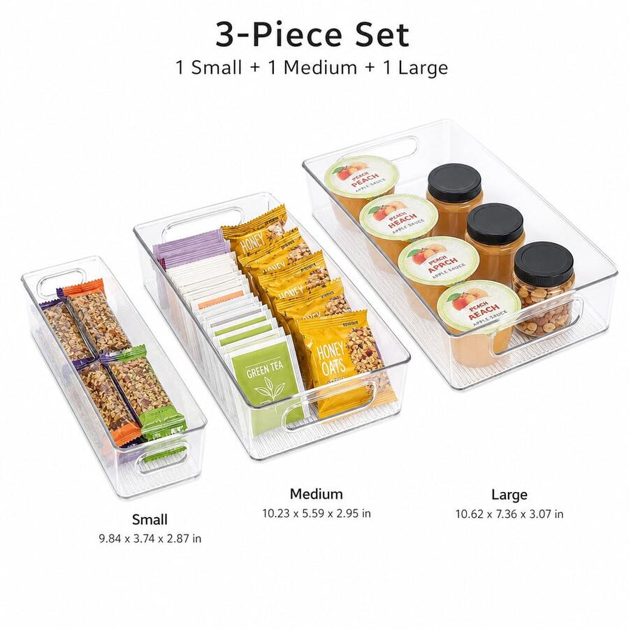 3-Piece Mixed-Size Clear Refrigerator Organizer Bins, Stackable Open Pantry Storage Set For Pantry Packets, Tea Bags And Snack Bars - View 1