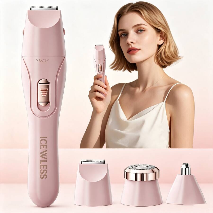 三合一女性電動理髮器，USB充電無線刮鬍刀，附3個可替換刀頭，便攜式美容套裝，適用於腿部、腋下、比基尼線、臉部、眉毛除毛，輕巧靜音順滑，適合日常家庭旅行使用