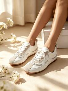 Sodalemon Sepatu Sneakers Patchwork Suede Perak Metalik Sol Lembut untuk Jalan-jalan Sehari-hari - Krem - View 6