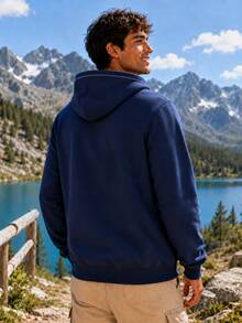 Men's Retro Sports Style 03 Number & Letter Logo Print Sweatshirt, Long Sleeve Drawstring Pocket Daily Streetwear Pullover - Navy Blue - View 3