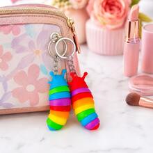 1pc Random Color Rainbow Caterpillar Keychain, Flexible Segmented Silicone Worm Pendant, Suitable For Keys, Backpacks, Handbags, Zipper Decoration And Daily Accessories - Multicolor - View 11