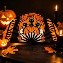 Halloween Themed Handheld Folding Fan, Black Plastic Ribs, Printed With Pumpkin Lantern/Skull/Green-Eyed Black Cat And "HAPPY MEOW-O-WEEN" Pattern, Holiday Accessory, Suitable For Daily Cooling And Holiday Theme Party Use - Multicolor - View 1