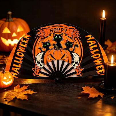 Halloween Themed Handheld Folding Fan, Black Plastic Ribs, Printed With Pumpkin Lantern/Skull/Green-Eyed Black Cat And "HAPPY MEOW-O-WEEN" Pattern, Holiday Accessory, Suitable For Daily Cooling And Holiday Theme Party Use