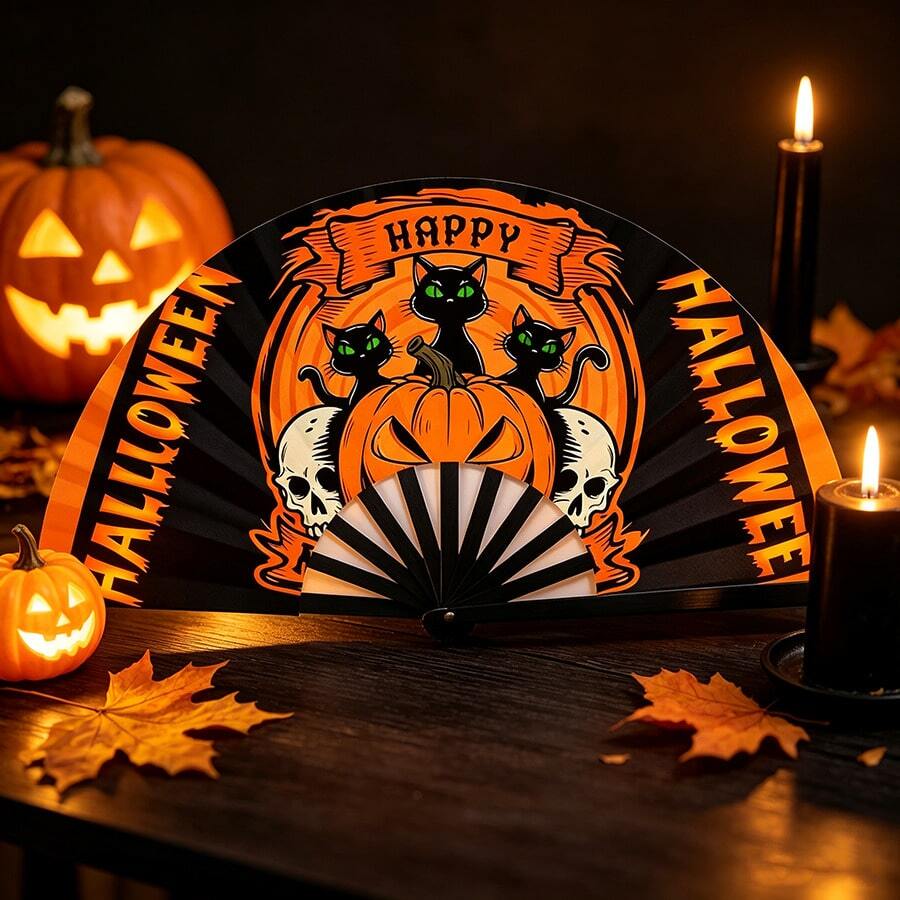 Halloween Themed Handheld Folding Fan, Black Plastic Ribs, Printed With Pumpkin Lantern/Skull/Green-Eyed Black Cat And "HAPPY MEOW-O-WEEN" Pattern, Holiday Accessory, Suitable For Daily Cooling And Holiday Theme Party Use - Multicolor - View 1