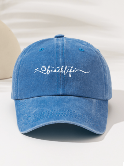 1pc Fashionable Minimalist Washed Baseball Cap "Beachlile" Print Pattern, American Vintage Style Unisex Essential Fashion Item Highly Attractive All Season Decorative Gift For Family And Friends