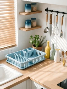 Multifunctional Dish Storage Rack, Separate Storage Areas For Bowls And Chopsticks, Hollow Draining Design With Water Tray, Available In Three Colors, Neatly Organizing Kitchen Tableware - One Size - View 2