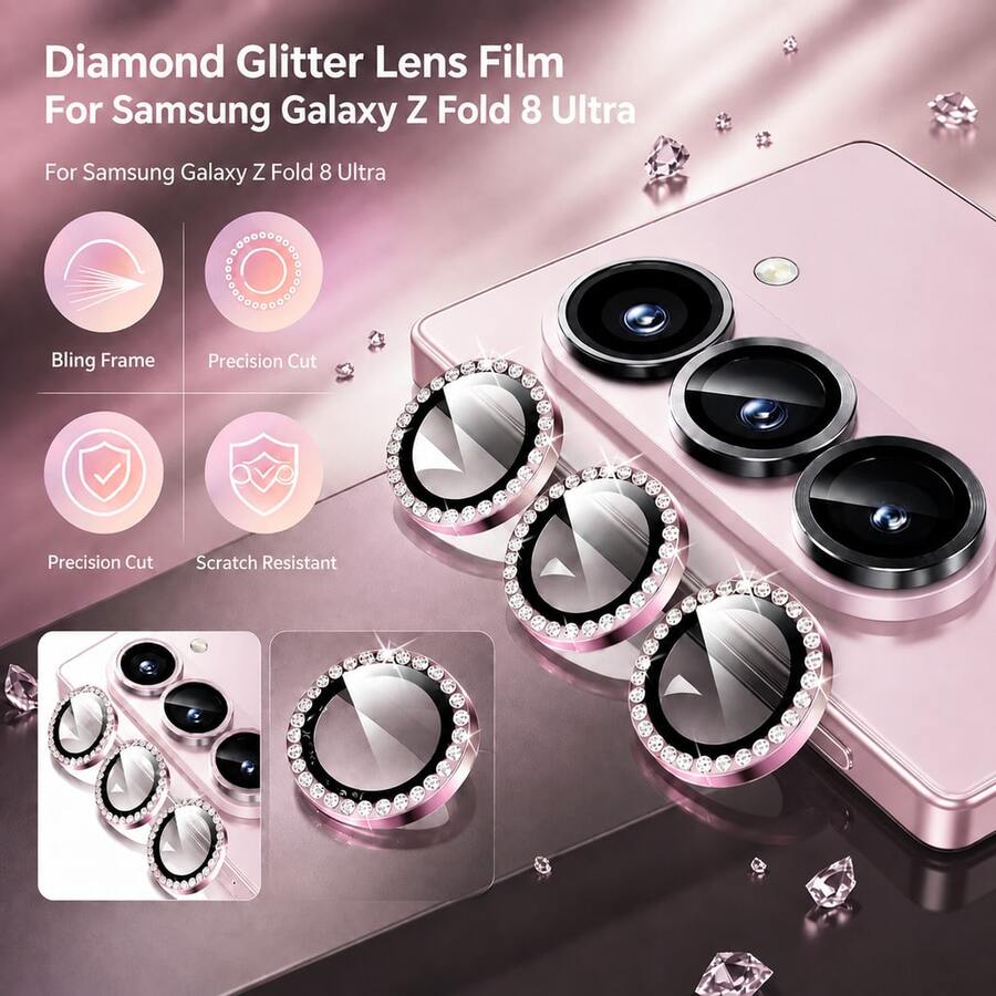 1 Set 3D Rhinestone Sparkling 9H Lens Tempered Glass For Galaxy Z Fold 8 Ultra 7Z Flip 8 7 S26 S26Plus S26Utra S25 25Plus S24 S24Plus S25FE S24Plus S23 23Plus S23Utra S25FE S24FE A15 A25 A35 A55 A14 A34 A54 Rear Bling Diamond Camera Screen Protector Cover - Baby Pink - View 1