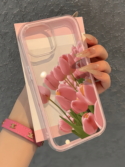 1 buah Casing Ponsel TPU Minimalis Motif Bunga Tulip Merah Muda, Tahan Guncangan, Perlindungan Penuh, Kompatibel dengan Apple 17 16 15 14 13 12 11 Pro Max Air dan Seri Lainnya