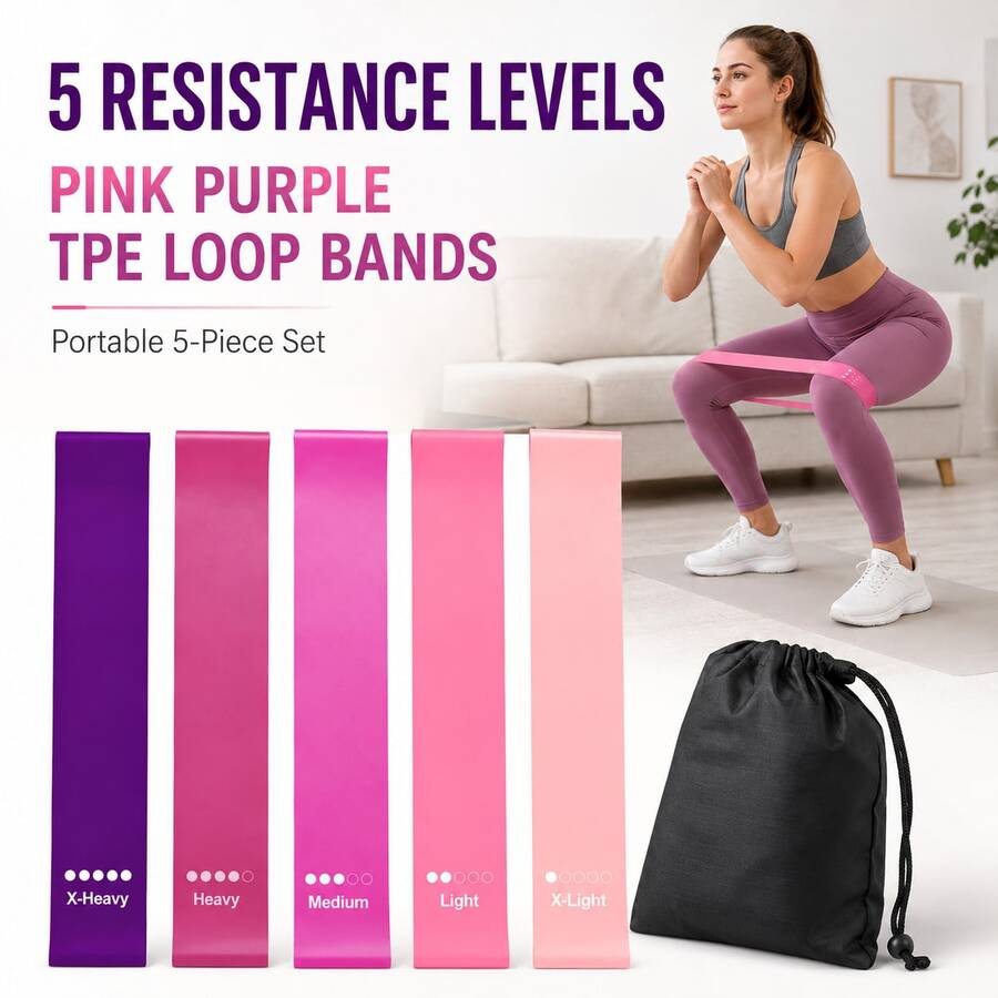BSKT 5-Piece TPE Resistance Band Set, 5 Colors & 5 Levels, Lightweight Elastic Graded Resistance, Non-Slip Fit, For Adult Beginners And Advanced Training, Glutes, Legs, Squats, Yoga, Pilates, Home Fitness - Multicolor - View 1