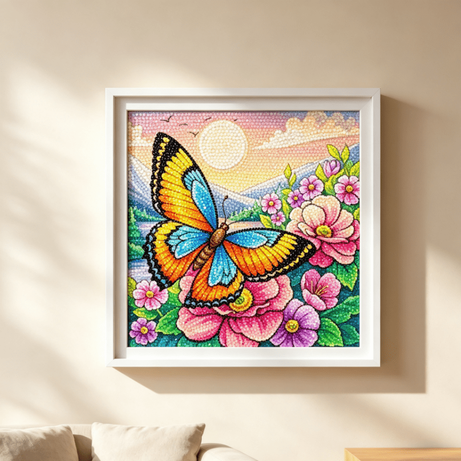 Frameless Full Drill Diamond Painting, Colorful Butterfly Mountain Flower Lake Sunrise Landscape Mosaic Round Diamond Handmade Sticker Art, Home Wall Decor Painting