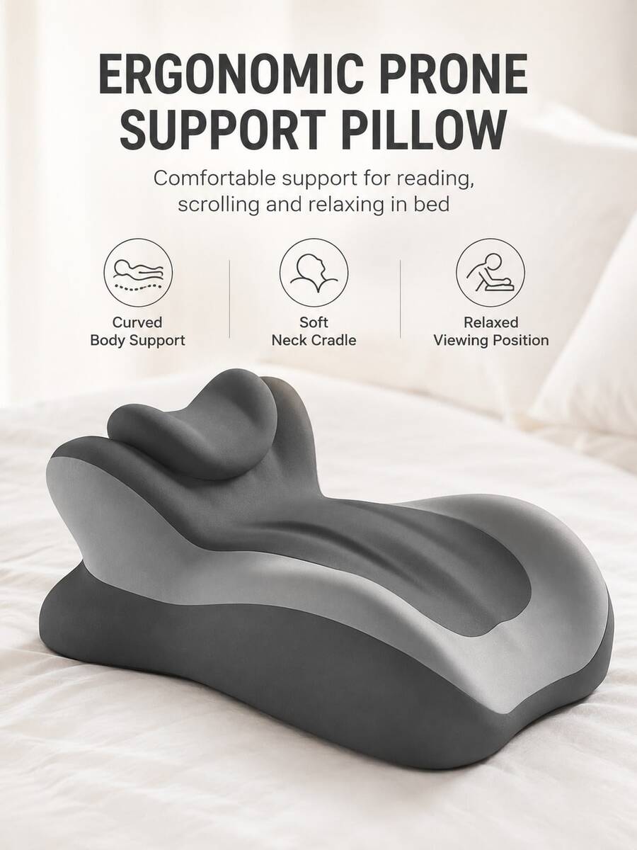 1pc, Size 21*12*8 Inches, Thickened, High Rebound, Soft, Comfortable, Stable, Durable, High Density Sponge, Ergonomic Prone Support Pillow, Modern Minimalist Style, Dark Gray, Streamlined, 3D Curved Surface, Detachable Neck Pillow, Grooved Design