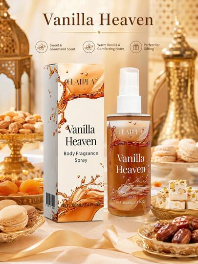 Bruma de Fragancia para Cabello y Body Vanilla Heaven, Fragancia Gourmand Cálida de Larga Duración, Aroma Dulce de Vainilla, Caramelo y Almendra, Notas Superiores Frescas y Frutales de Hoja de Tomate y Lichi, Notas de Base Amaderadas de Sándalo, Ámbar y Almizcle Blanco, Fragancia de Uso Diario