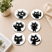 6pcs, Cat Pattern Printed Diatomaceous Earth Coasters, Absorbent Beverage Coasters, Coffee Cup Coasters, Mug Coasters, Tea Cup Coasters, Desk Protection Pads, Suitable For Dining Table, Coffee Table, Bar Counter And Office Desk Decoration - Multicolor - View 7