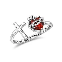 1pc Cross Crown Heart Open Adjustable Ring, Suitable For Women's Daily Decoration Wear - Antique Silver - View 3