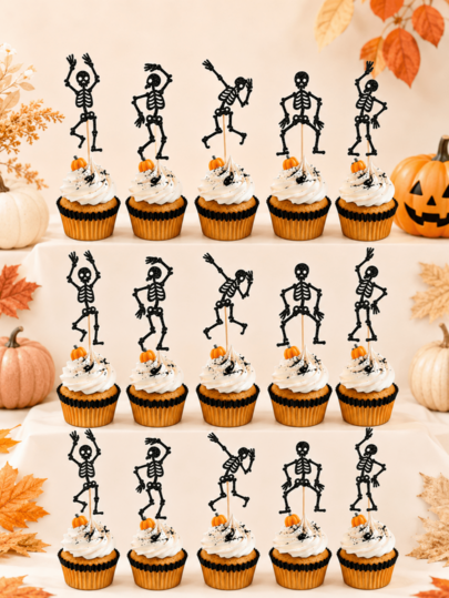 20pcs Halloween Dancing Skeleton Cupcake Toppers, Black Glitter Skeleton Cake Picks For Spooky Birthday Party Dessert Table Decoration Supplies