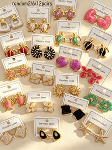 24 piezas de elegantes pendientes de acero inoxidable con diseño geométrico (flor, gota de agua, mariposa, ala). Estos pendientes de acero inoxidable minimalistas y de moda son perfectos para el uso diario de las mujeres y también son un gran regalo para amigas. Pendientes elegantes, set de pendientes, pendientes de otoño. (Se envían al azar) - Multicolor - Ver 3