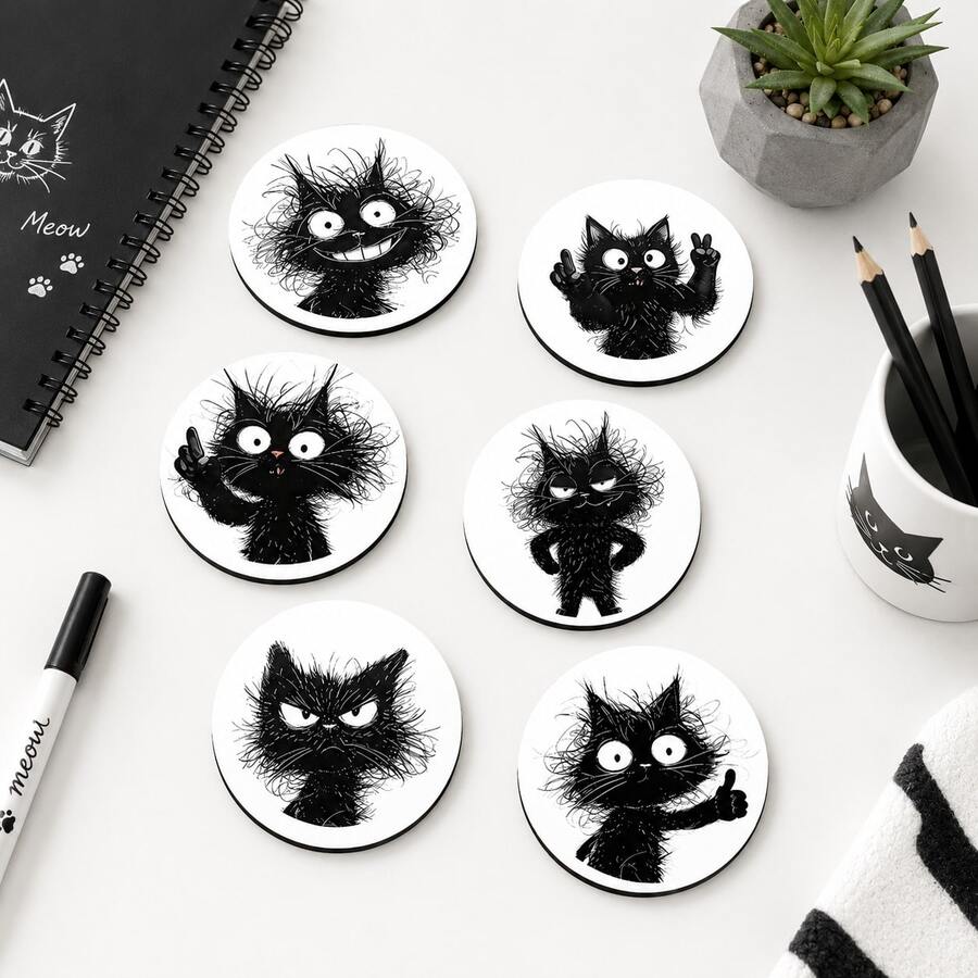 6pcs, Cat Pattern Printed Diatomaceous Earth Coasters, Absorbent Beverage Coasters, Coffee Cup Coasters, Mug Coasters, Tea Cup Coasters, Desk Protection Pads, Suitable For Dining Table, Coffee Table, Bar Counter And Office Desk Decoration - Multicolor - View 1