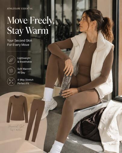 2pcs/Set Women Thermal Sportswear Set Seamless Ultra Thin Warm Long Sleeve Top & Pants Solid Color Crew Neck Base Layer Outfit, Soft Comfortable Winter Workout Clothes Loungewear Set Versatile Wear As Inner Layer Or Outerwear For Autumn Winter