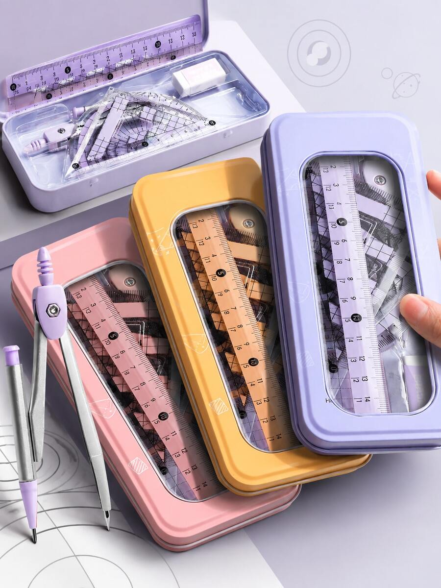 8pcs Geometric Compass & Ruler Set, Complete Math Drawing Tool Kit With Ruler, Triangle Ruler, Protractor, Eraser And Replacement Lead, Portable Metal Storage Box, Practical School And Office Stationery For Students - Compass Set - View 1
