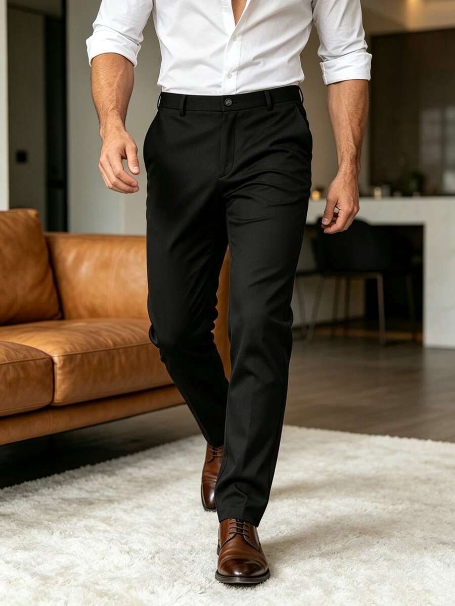 Men's Slant Pocket Suit Pants, Beltless Design Formal Trousers, Suitable For Light Business Attire, Casual And Business Occasions. Gift For Boyfriend/Husband - Black - View 1