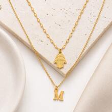 2Pcs/Set New Initial Hamsa Hand Pendents Gold Color Stainless Steel Lip Chain Chorker Layered Chain Necklaces For Women - Golden Stainless Steel - View 3