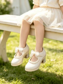 Big Girls' Cream White Patent Leather Mary Jane Shoes, Low Heel, Pearl Bow & Rhinestone Decor, Suitable For Wedding, Party, Pageant, Formal Dress Occasions - Beige - View 4