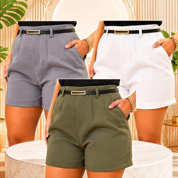 Kit 3 Short Femenino Alfaiataria Ziper e Cinto Elegante