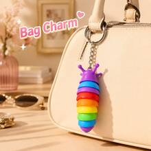 1pc Random Color Rainbow Caterpillar Keychain, Flexible Segmented Silicone Worm Pendant, Suitable For Keys, Backpacks, Handbags, Zipper Decoration And Daily Accessories - Multicolor - View 7